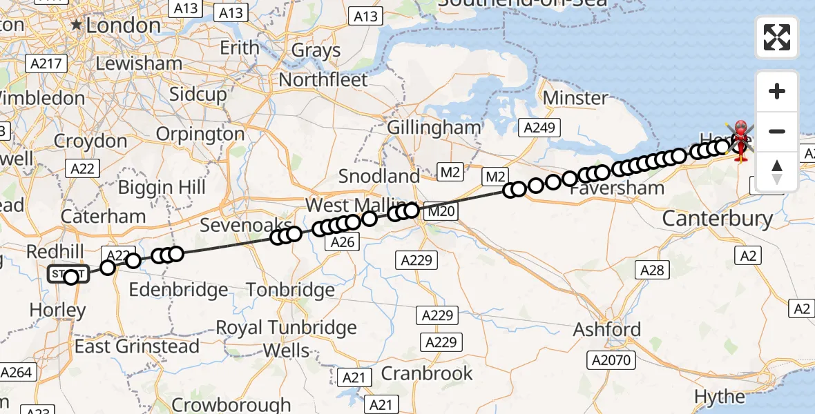 Flight path map showing Air Ambulance Helicopter route from Redhill Aerodrome to Canterbury