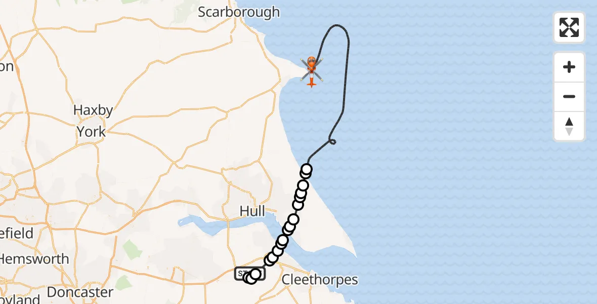 Flight path map showing Coastguard Helicopter route from Humberside Airport to Flamborough