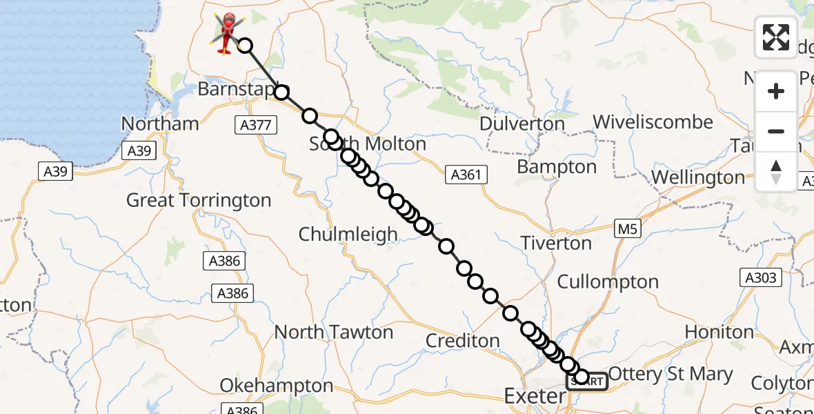 Flight path map showing Air Ambulance Helicopter route from East Devon to North Devon