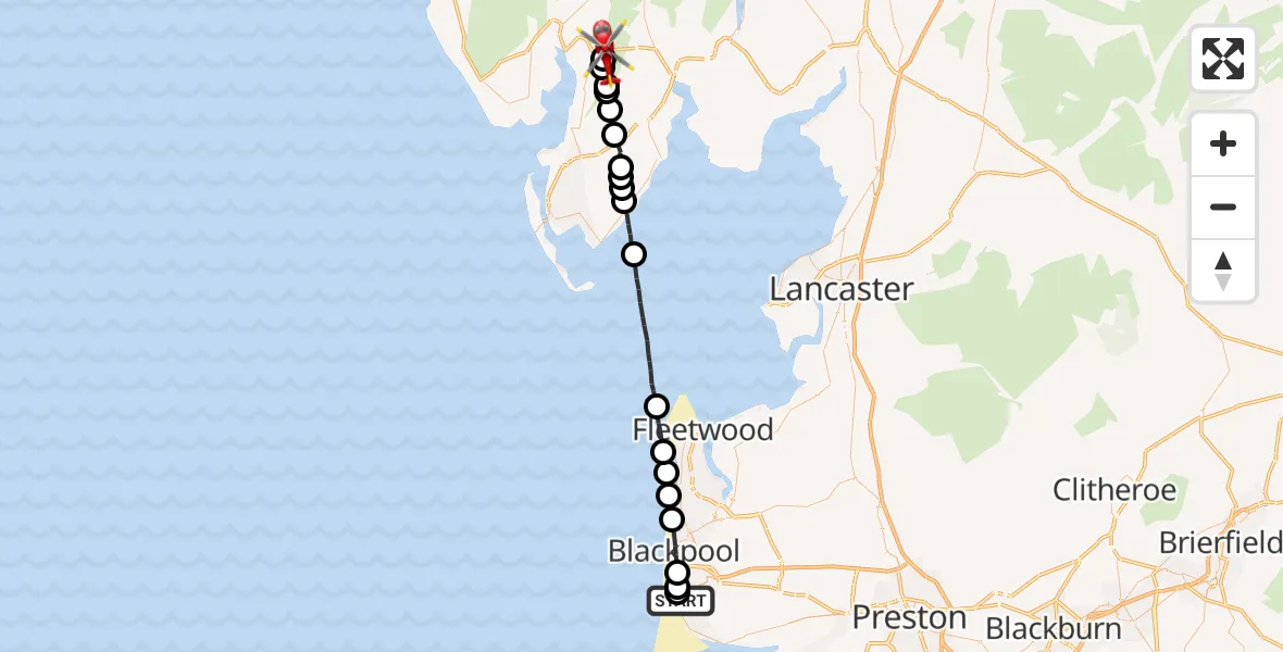 Flight path map showing Air Ambulance Helicopter route from Blackpool Airport to Kirkby Ireleth