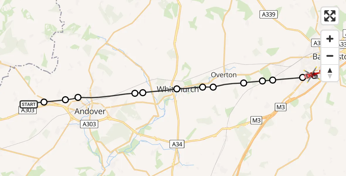 Flight path map showing Air Ambulance Helicopter route from Fyfield to Basingstoke