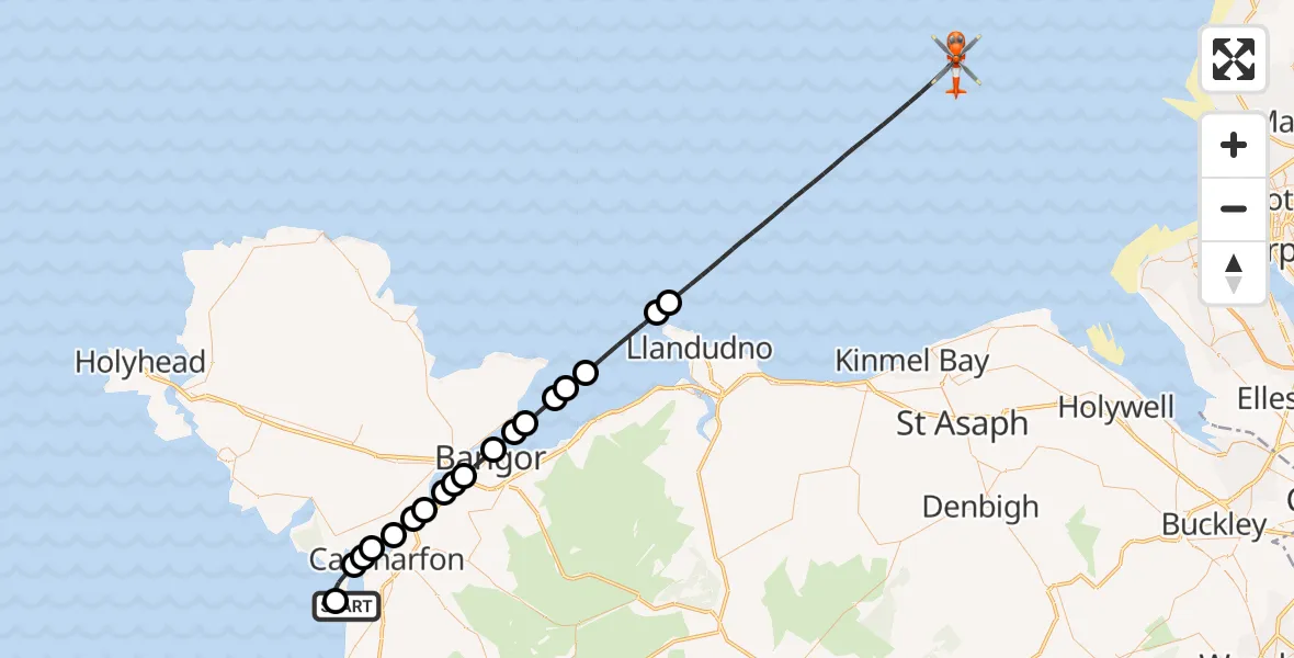 Flight path map showing Coastguard Helicopter route from Caernarfon Airport to Irish Sea