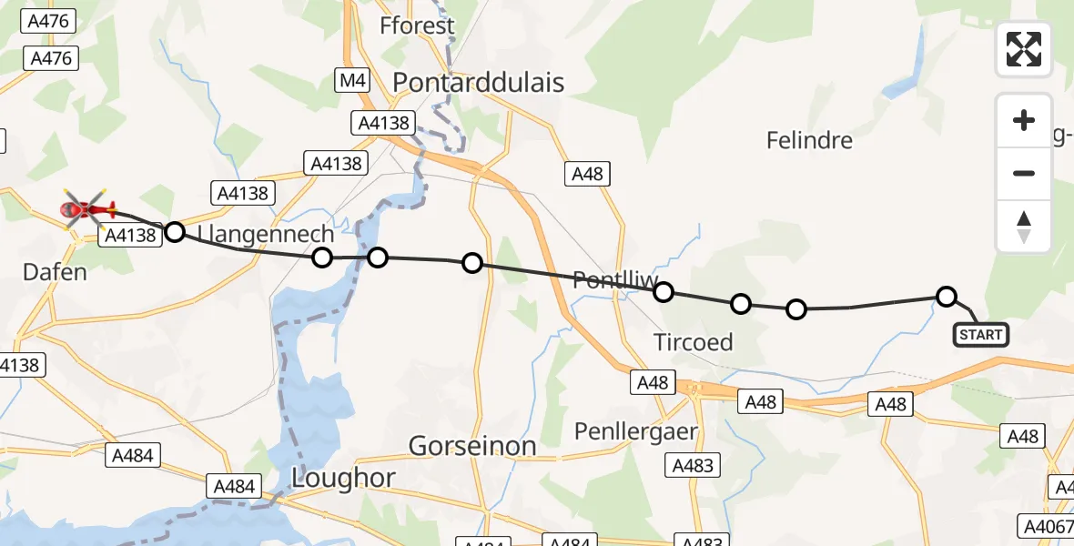 Flight path map showing Air Ambulance Helicopter route from Morriston Hospital Helipad to Dafen