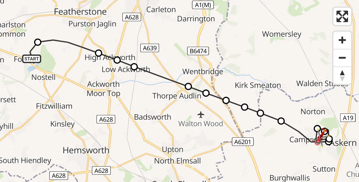Flight path map showing Air Ambulance Helicopter route from YAA Nostell Helicopter Port to Norton