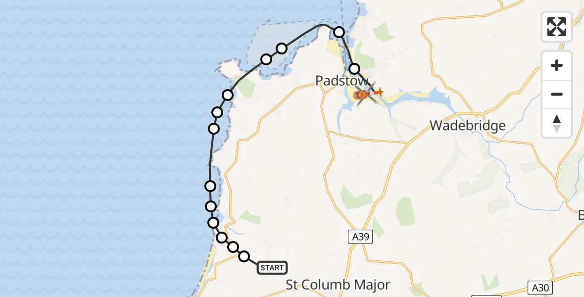 Flight path map showing Coastguard Helicopter route from Cornwall Airport Newquay to Rock