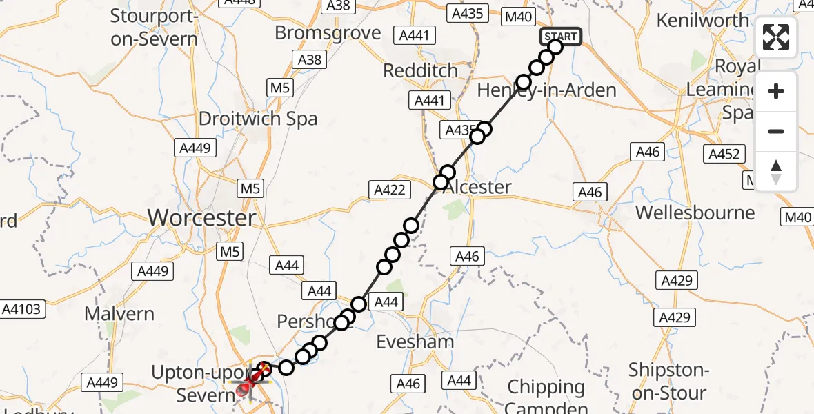 Flight path map showing Air Ambulance Helicopter route from Warwick to Hill Croome