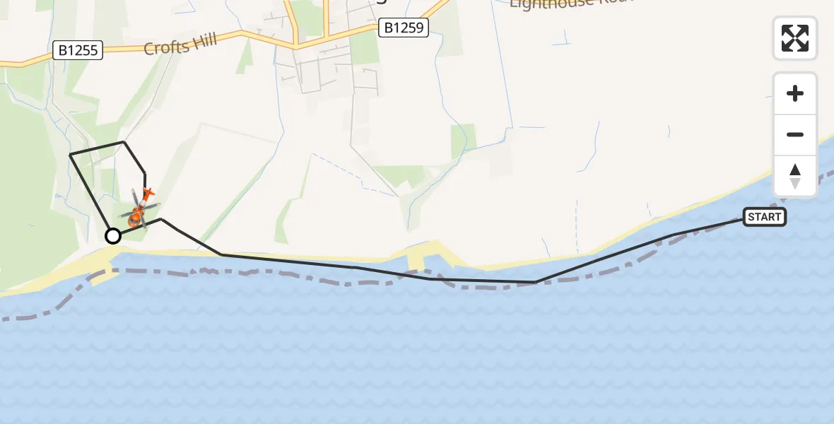 Flight path map showing Coastguard Helicopter route from Flamborough to Bridlington