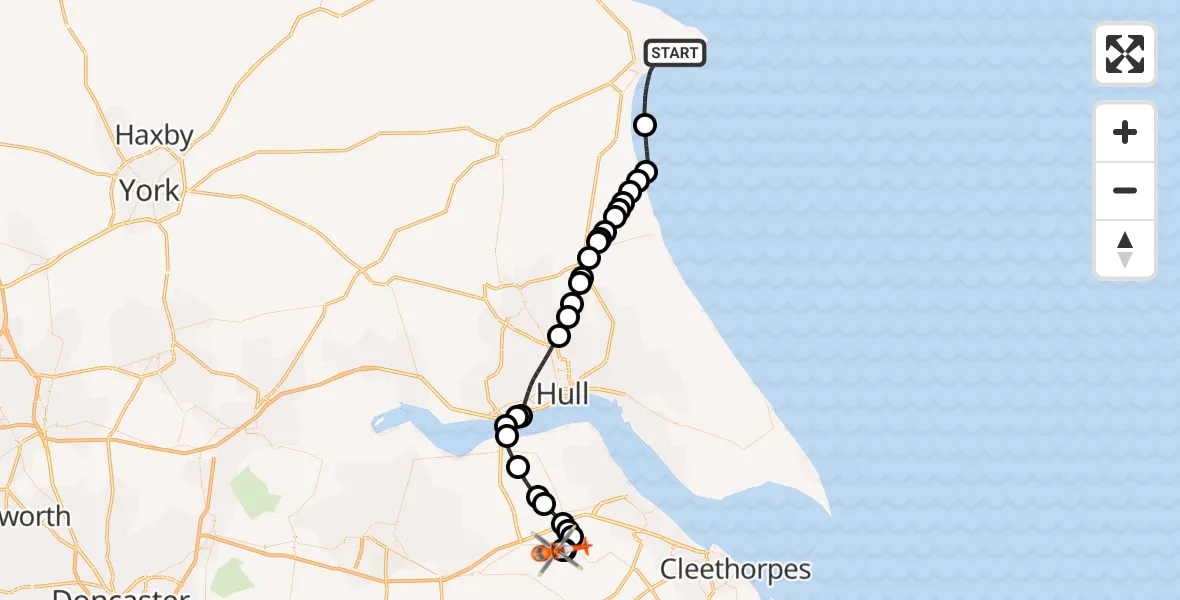 Flight path map showing Coastguard Helicopter route from Bridlington to Humberside Airport