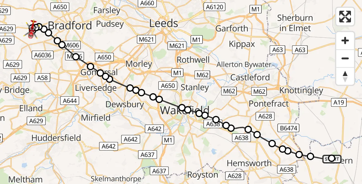 Flight path map showing Air Ambulance Helicopter route from Norton to Thornton