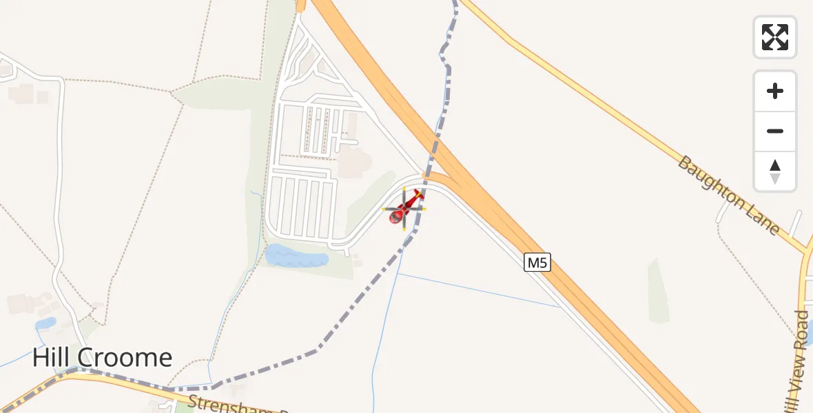 Flight path map showing Air Ambulance Helicopter route from Hill Croome to Hill Croome