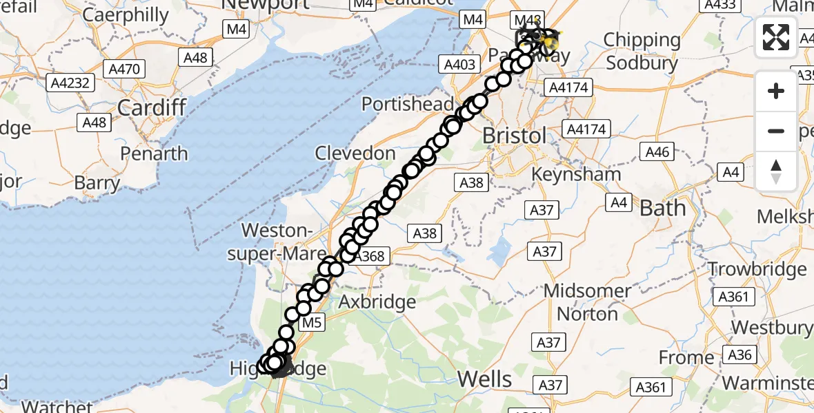 Flight path map showing Police Helicopter route from Almondsbury Helicopter Base to Almondsbury Helicopter Base