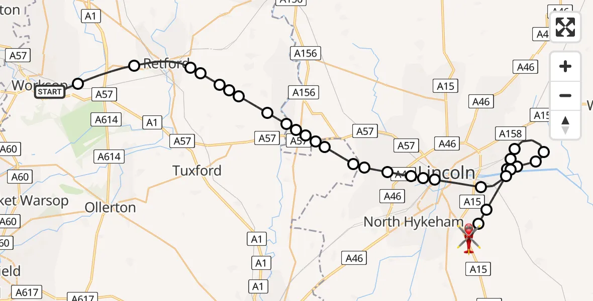 Flight path map showing Air Ambulance Helicopter route from Worksop to North Kesteven