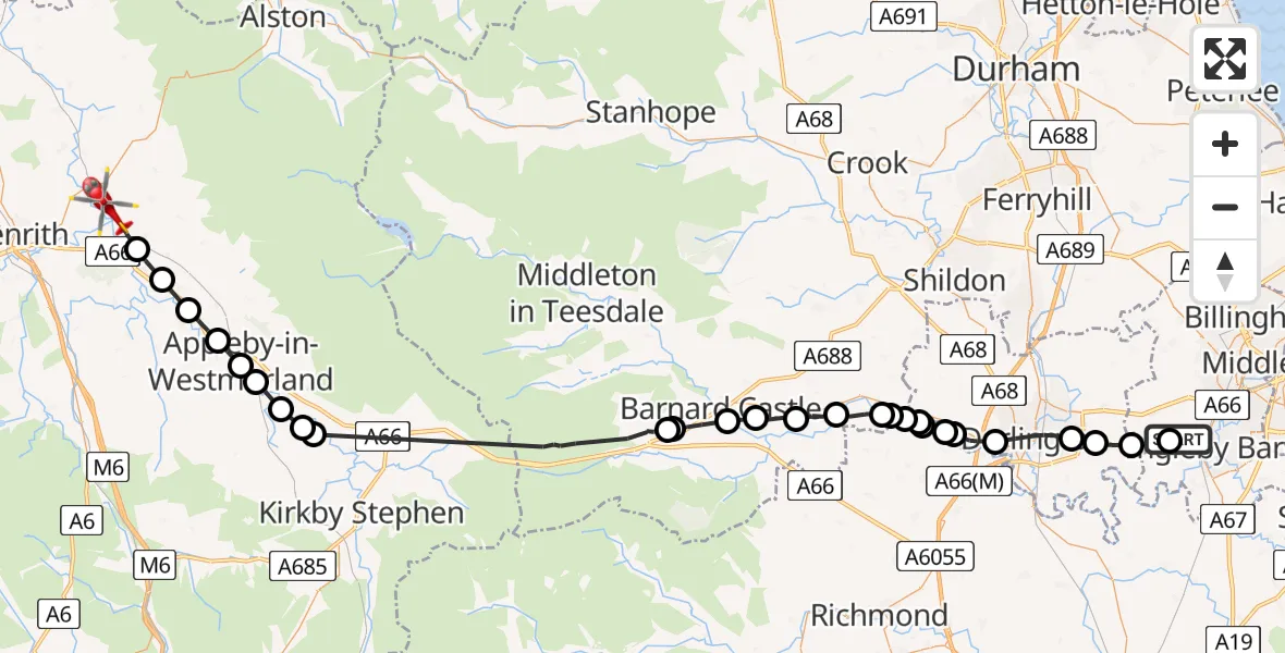 Flight path map showing Air Ambulance Helicopter route from Egglescliffe to Langwathby