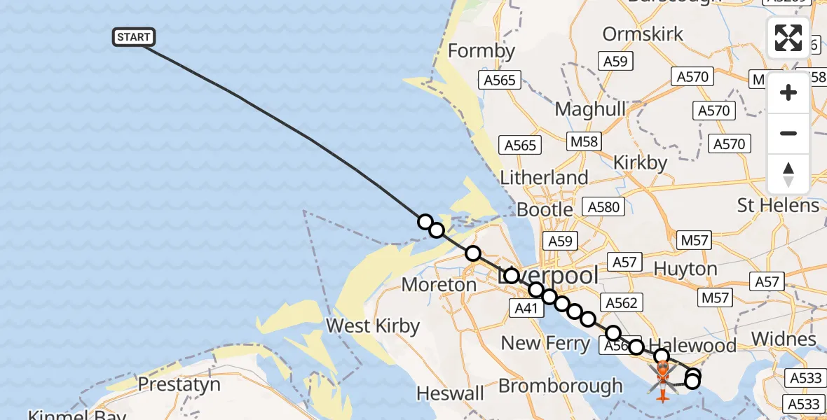 Flight path map showing Coastguard Helicopter route from Irish Sea to Liverpool John Lennon Airport