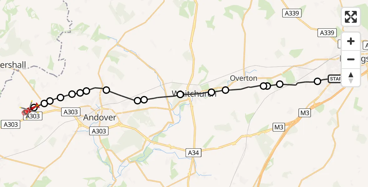 Flight path map showing Air Ambulance Helicopter route from Basingstoke to Fyfield