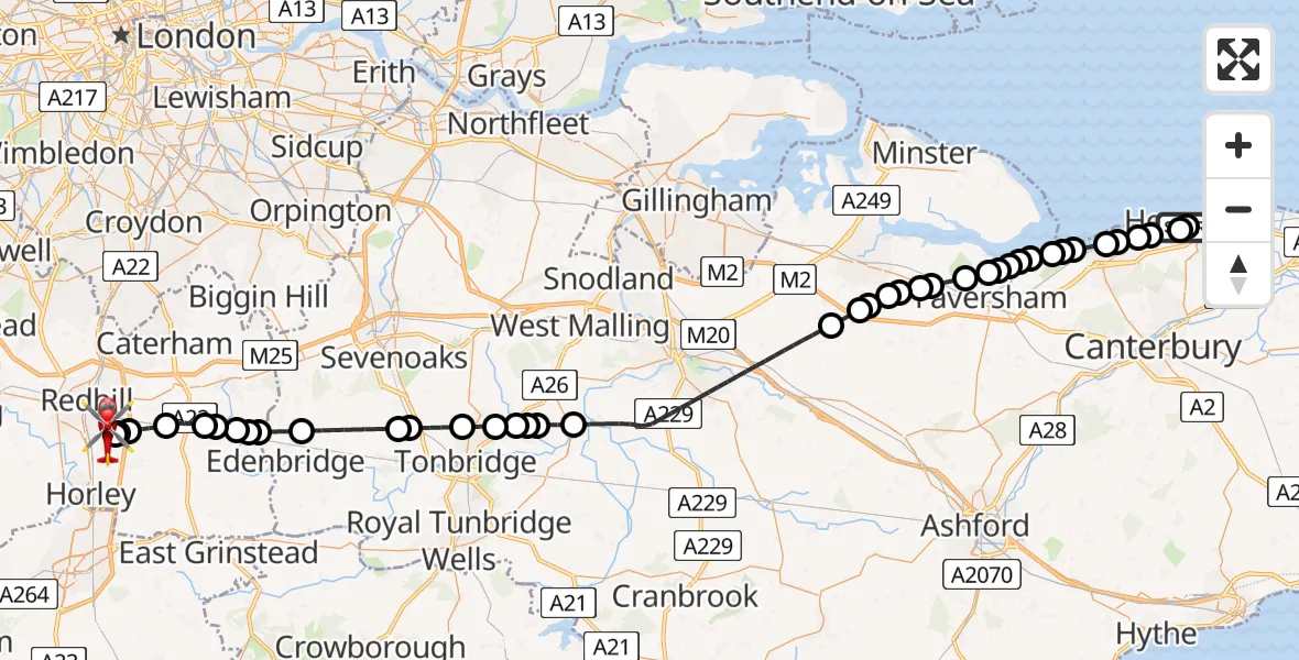 Flight path map showing Air Ambulance Helicopter route from Canterbury to Redhill Aerodrome