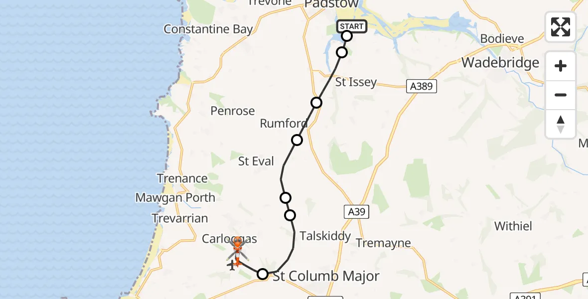 Flight path map showing Coastguard Helicopter route from St. Issey to Cornwall Airport Newquay