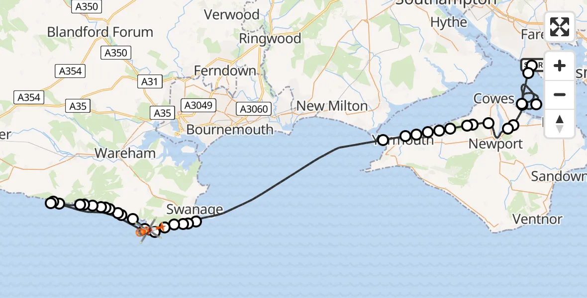 Flight path map showing Coastguard Helicopter route from Solent Airport to Worth Matravers