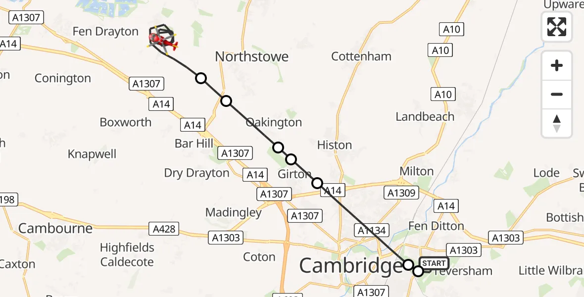 Flight path map showing Air Ambulance Helicopter route from Cambridge City Airport to Swavesey