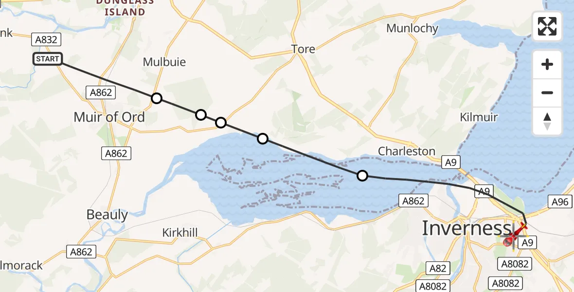 Flight path map showing Air Ambulance Helicopter route from Muir of Ord to Inverness