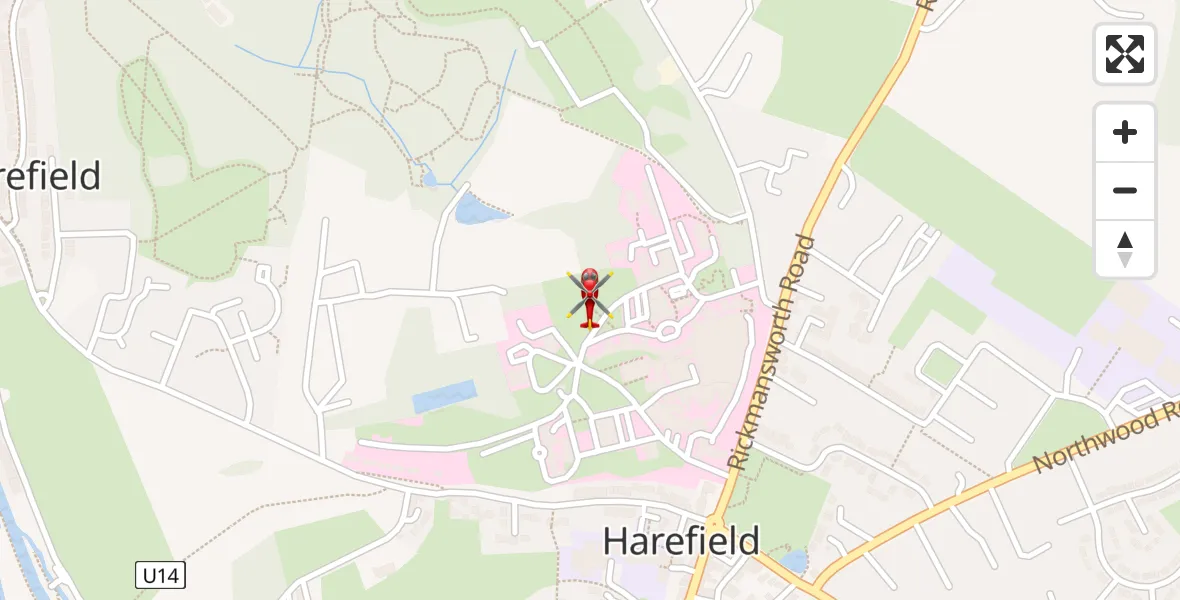 Flight path map showing Air Ambulance Helicopter route from Harefield Hospital to Harefield Hospital