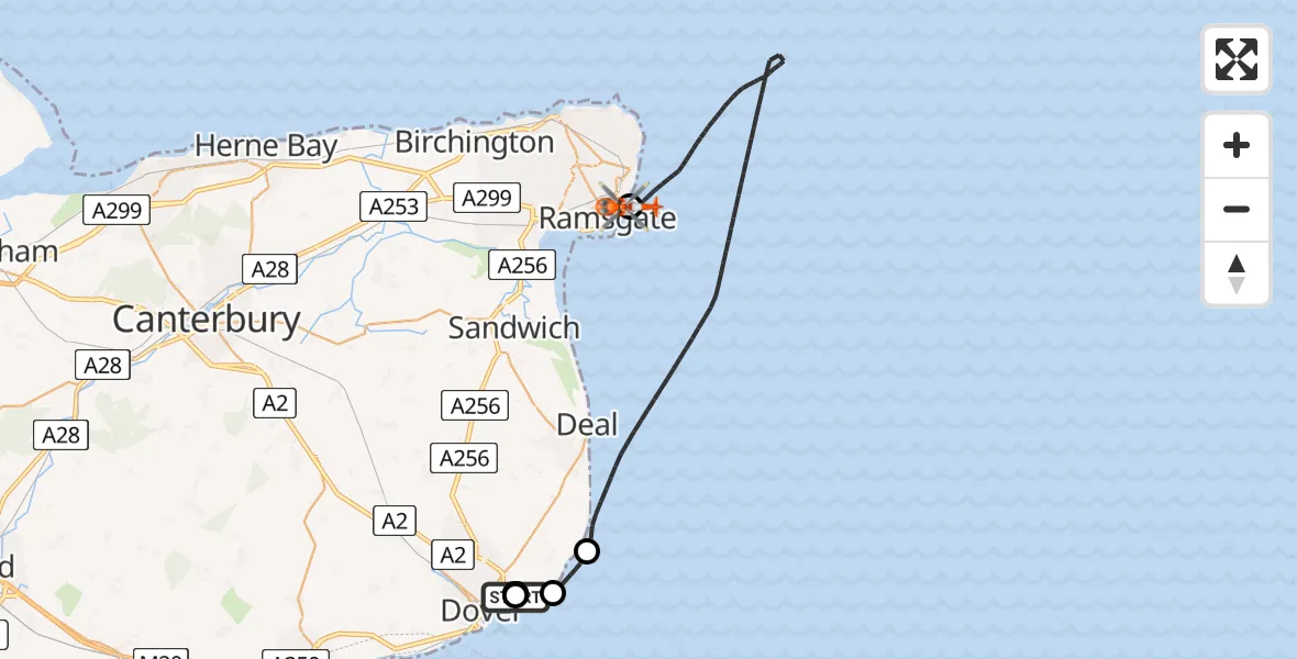 Flight path map showing Coastguard Helicopter route from Langdon Battery Heliport to Ramsgate