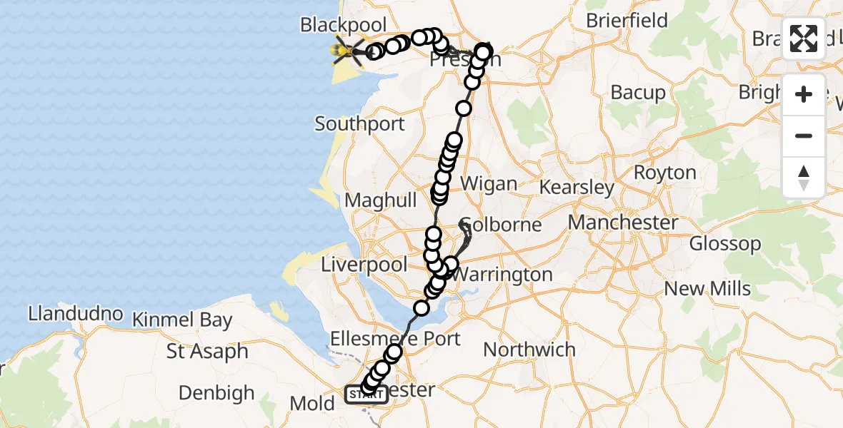 Flight path map showing Police Helicopter route from Hawarden Airport to Blackpool Airport