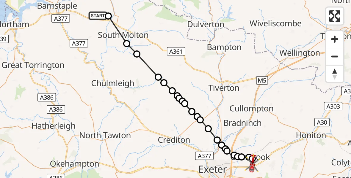 Flight path map showing Air Ambulance Helicopter route from West Buckland to Rockbeare