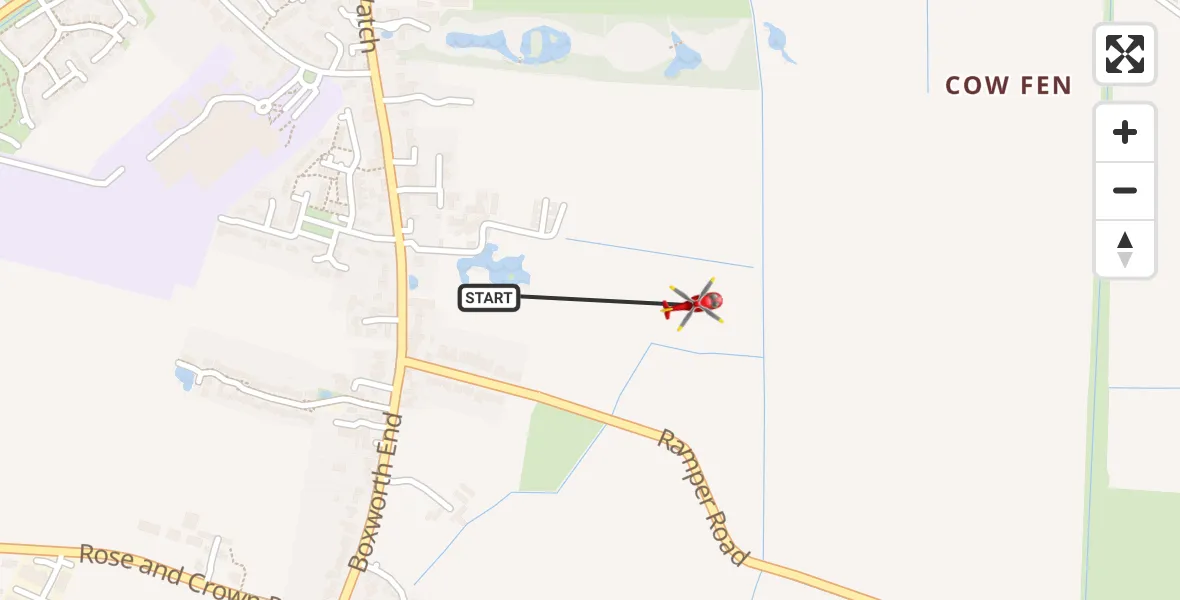 Flight path map showing Air Ambulance Helicopter route from Swavesey to Swavesey