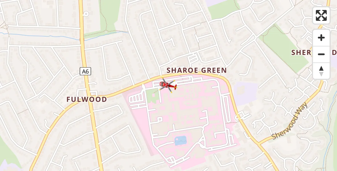 Flight path map showing Air Ambulance Helicopter route from Royal Preston to Royal Preston