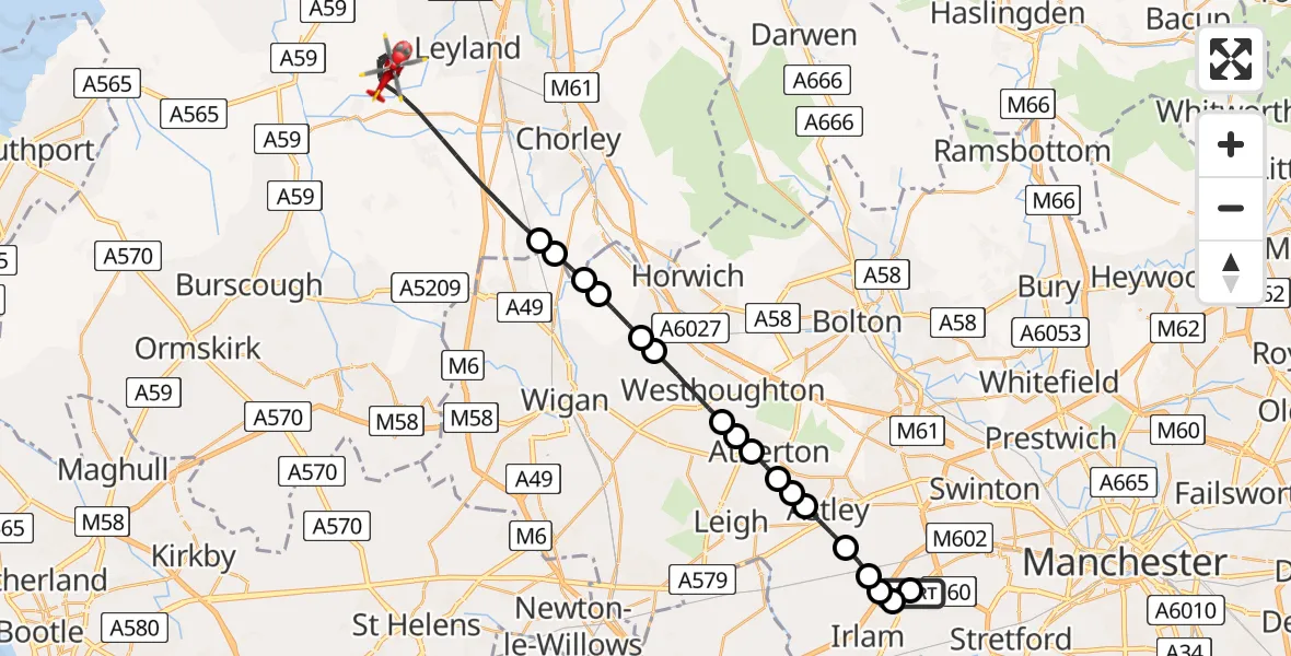 Flight path map showing Air Ambulance Helicopter route from Manchester Barton Aerodrome to Chorley