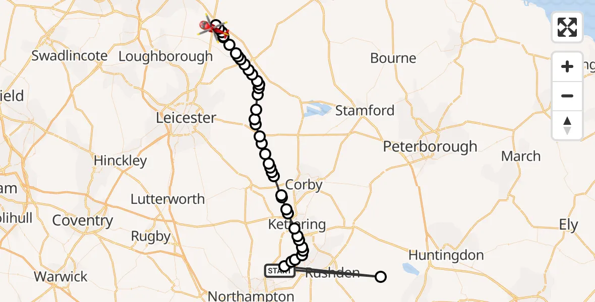 Flight path map showing Air Ambulance Helicopter route from Sywell Aerodrome to Widmerpool