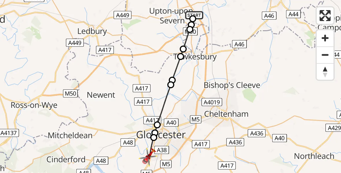 Flight path map showing Air Ambulance Helicopter route from Hill Croome to Gloucester