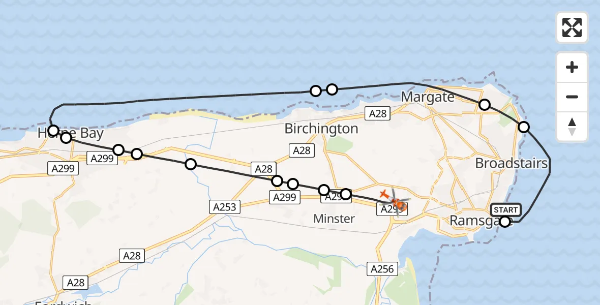 Flight path map showing Coastguard Helicopter route from Ramsgate to Manston Airport