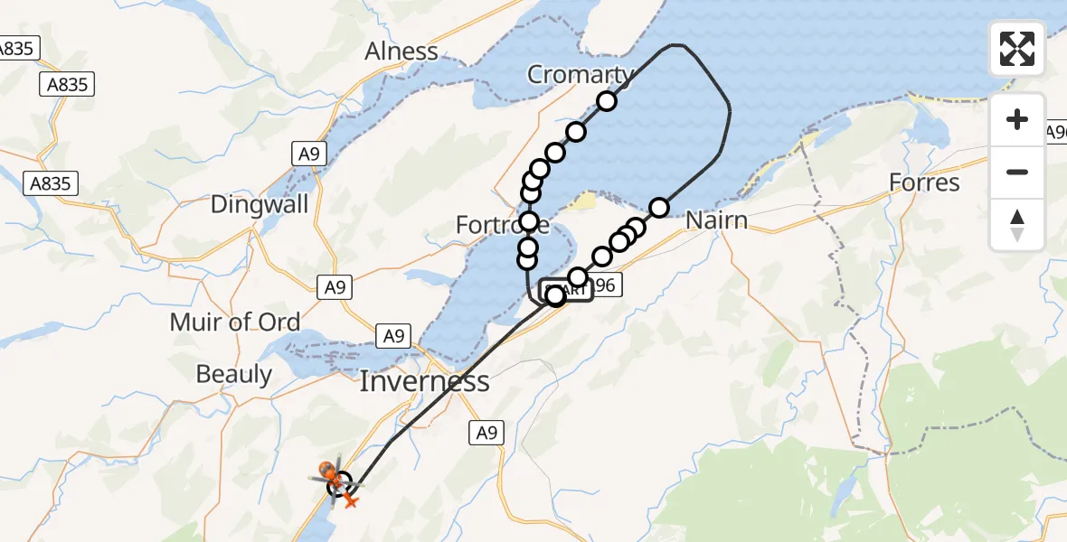 Flight path map showing Coastguard Helicopter route from Inverness Airport to Inverness