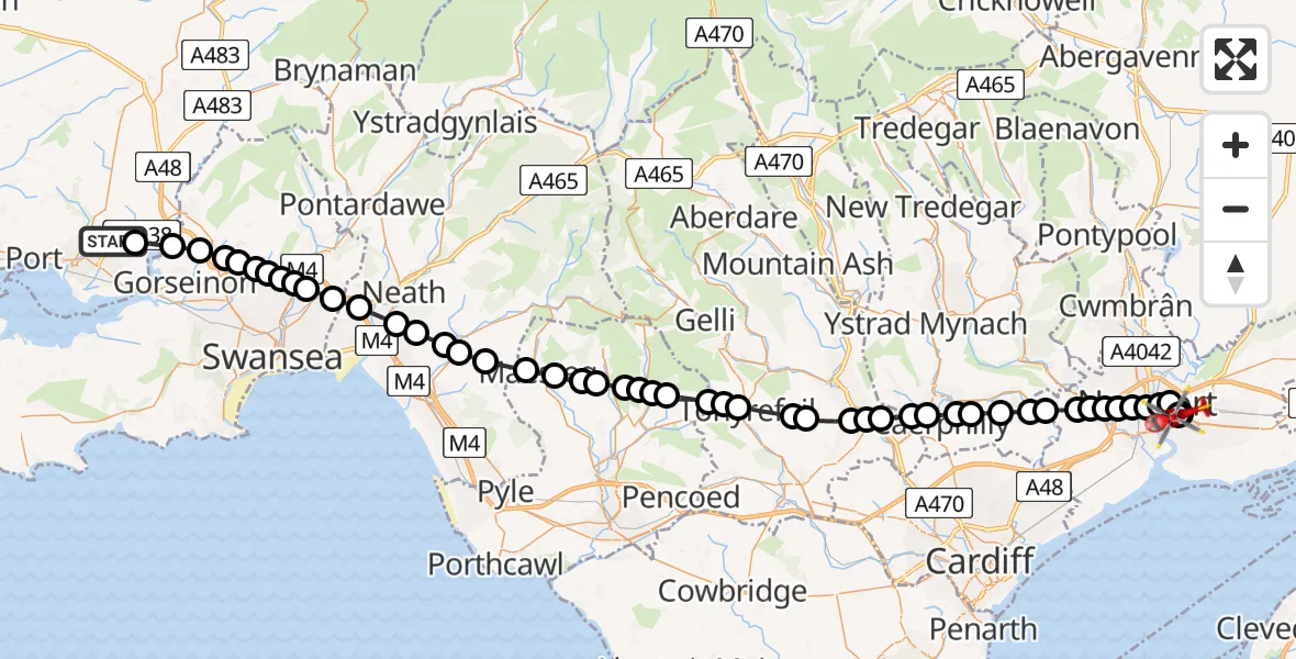 Flight path map showing Air Ambulance Helicopter route from Dafen to Somerton
