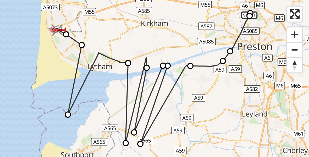 Flight path map showing Air Ambulance Helicopter route from Royal Preston to Blackpool Airport