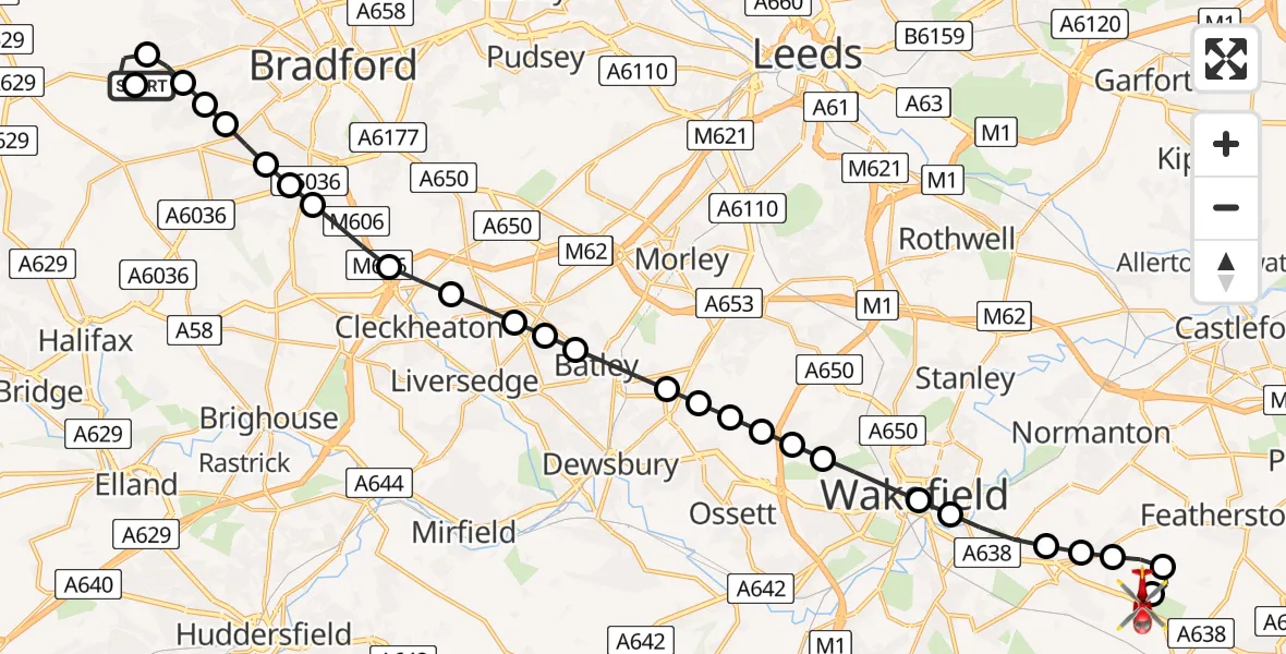 Flight path map showing Air Ambulance Helicopter route from Thornton to YAA Nostell Helicopter Port
