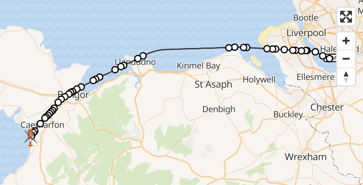 Flight path map showing Coastguard Helicopter route from Liverpool John Lennon Airport to Caernarfon Airport