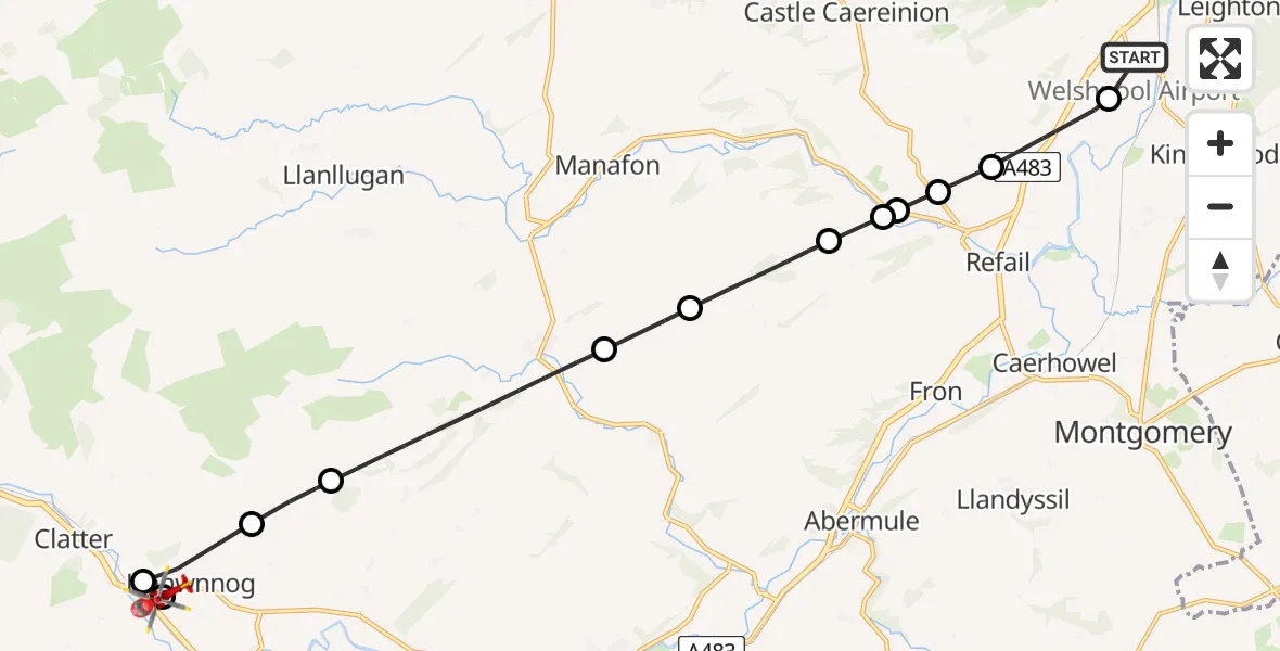 Flight path map showing Air Ambulance Helicopter route from Welshpool Airport to Llanwnnog