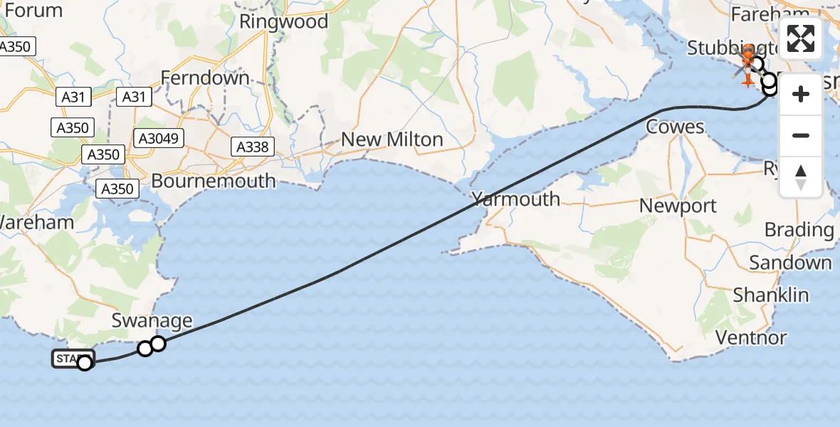 Flight path map showing Coastguard Helicopter route from Worth Matravers to Solent Airport