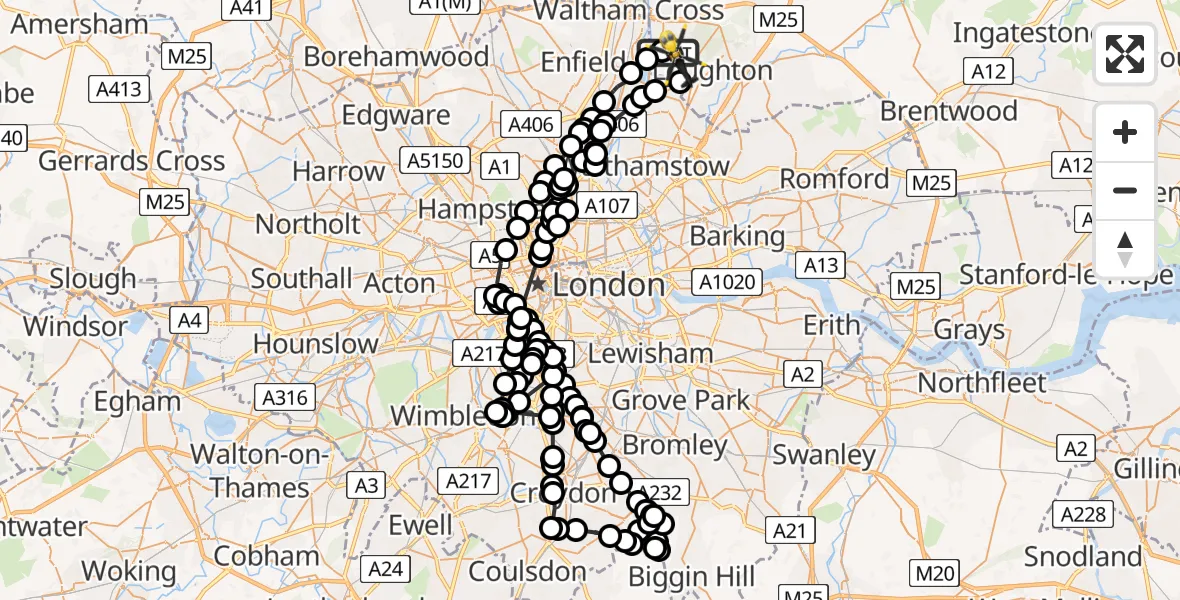 Flight path map showing Police Helicopter route from Sewardstonebury to Metropolitan Police Air Support Unit Lippitts Hill