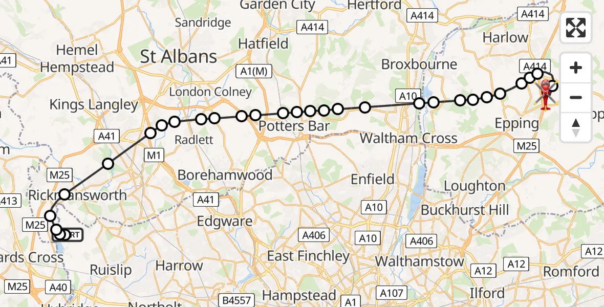Flight path map showing Air Ambulance Helicopter route from Harefield Hospital to North Weald Airfield
