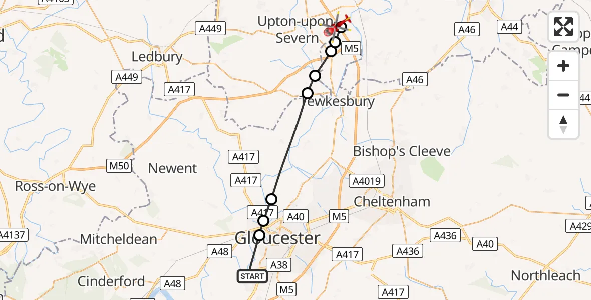 Flight path map showing Air Ambulance Helicopter route from Gloucester to Hill Croome