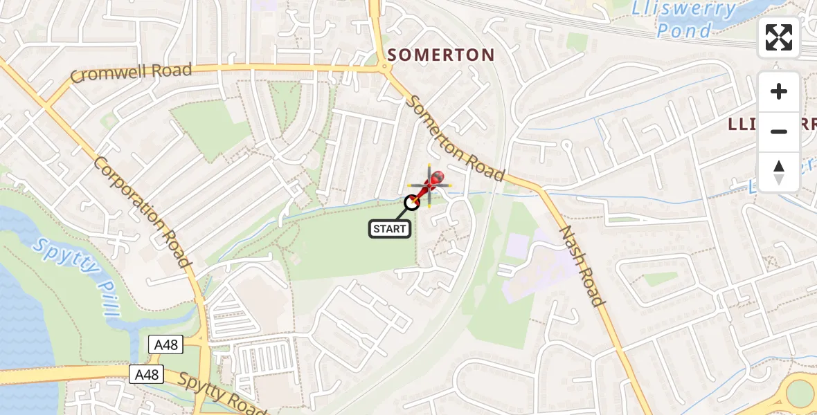 Flight path map showing Air Ambulance Helicopter route from Somerton to Lliswerry