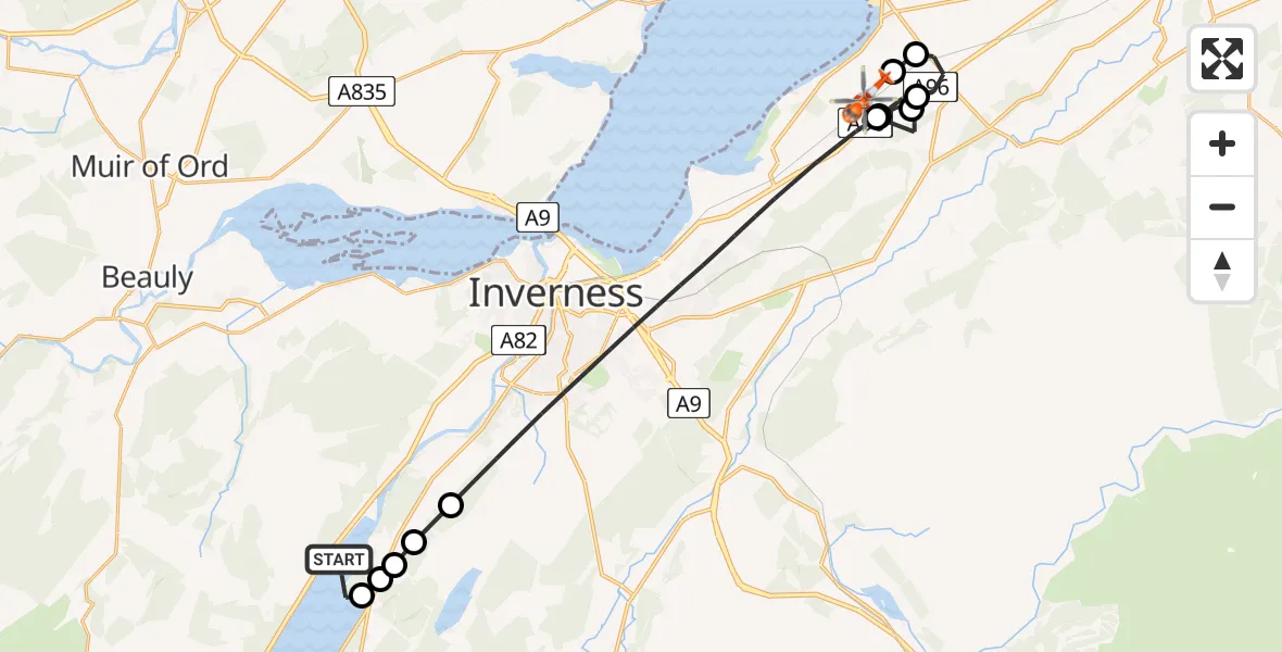 Flight path map showing Coastguard Helicopter route from Loch Ness to Inverness Airport