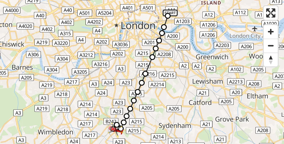 Flight path map showing Air Ambulance Helicopter route from Royal London Hospital to Streatham
