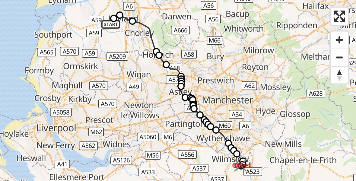 Flight path map showing Air Ambulance Helicopter route from Chorley to Mottram St Andrew