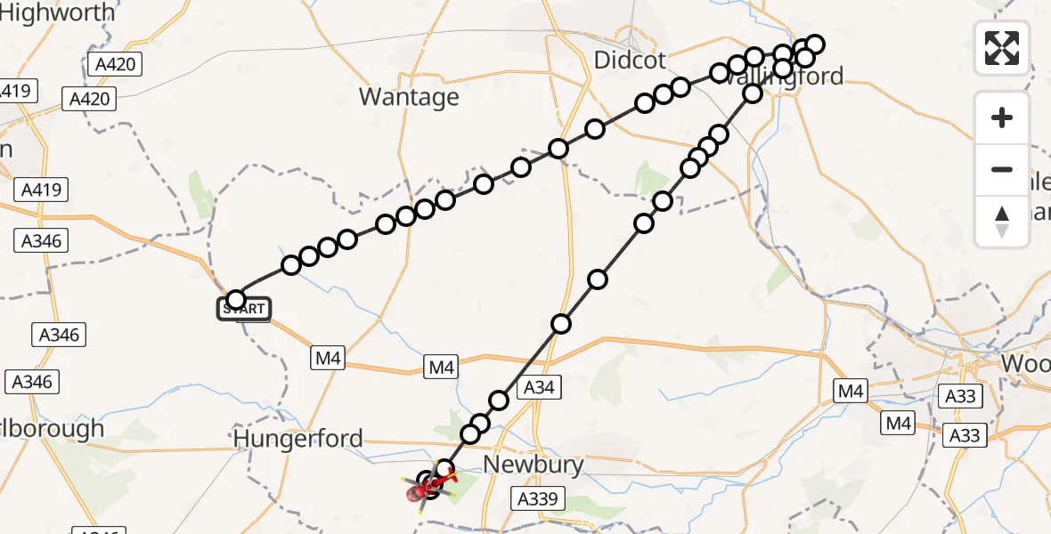 Flight path map showing Air Ambulance Helicopter route from Membury Airfield to Kintbury