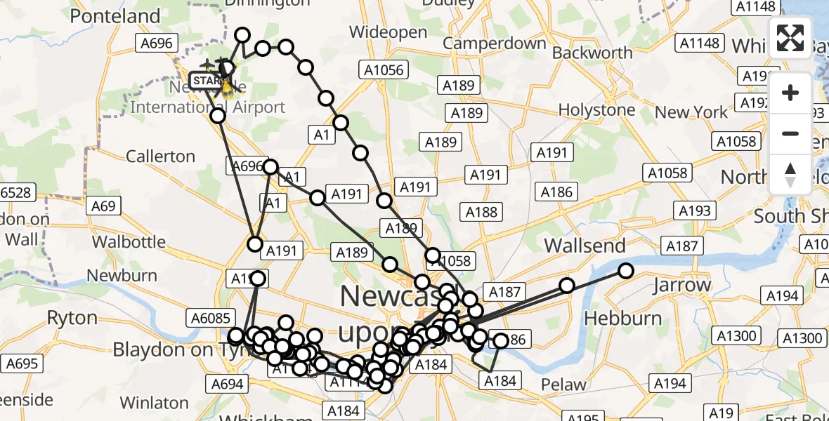 Flight path map showing Police Helicopter route from Newcastle International Airport to Newcastle International Airport